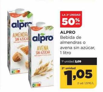 Alimerka La 2a unidad 50% dto alpro bebida de almendras o avena sin azúcar oferta
