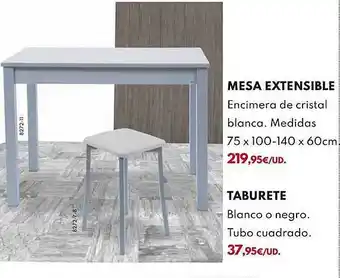 Mesa extensible encimera de cristal blanca medidas 75 x 100-140 x 60cm taburete blanco o negro tubo cuadrado