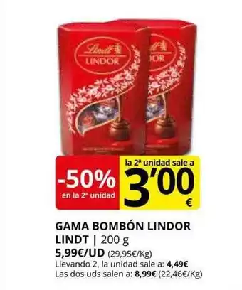 Supermercados MAS -50% en la 2da unidad gama bombón lindor lindt oferta