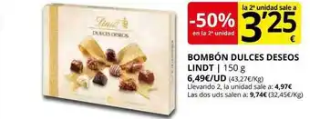 Supermercados MAS -50% en la 2da unidad bombón dulce deseos lindt oferta