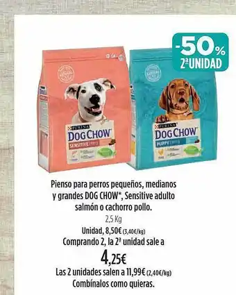 El Corte Inglés -50% 2a unidad pienso para perros pequeños, medianos y grandes dog chow sensitive adulto salmõn o cachorro pollo oferta