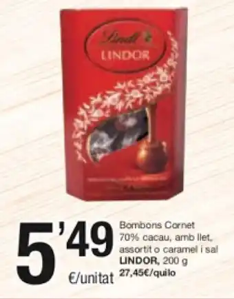 SPAR Bombons Cornet 70% Cacau, Amb Llet, Assortit o Caramel i sal Lindor 200g oferta