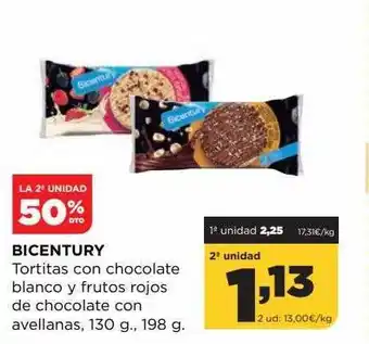 Alimerka 2a unidad 50% descuento bicentury tortitas con chocolate blanco y frutos rojos de chocolate con avellanas oferta