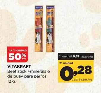 Alimerka La 2a unidad 50% dto vitakraft beef stick + minerals o de buey para perros oferta