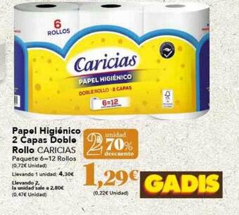Gadis 2a unidad 70% descuento papel higiénico 2 capas doble rollo caricias oferta