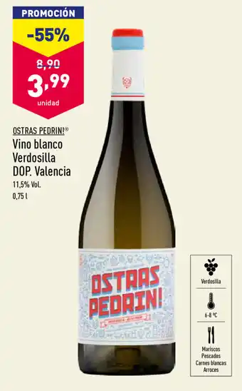 ALDI Ostras Pedrin! Vino blanco Verdosilla DOP. Valencia 0,75L oferta