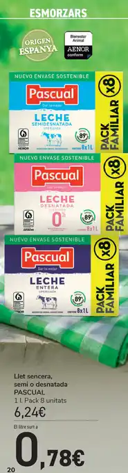 Carrefour Pascual Llet sencera, semi o desnatada 1L oferta