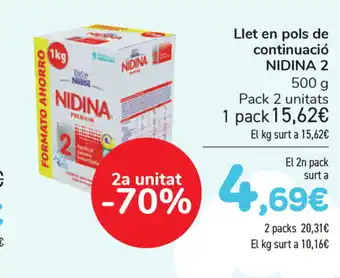 Carrefour Nidina 2 Llet en pols de continuació 500g oferta