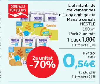 Carrefour Nestlè Llet infantil de creixements des d'1 any amb galeta Maria o cereals 180ml oferta