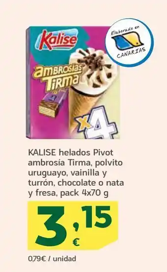 HiperDino Kalise helados pivot ambrosía tirma, polvito uruguayo, vainilla y turrón, chocolate o nata y fresa, pack 4 oferta