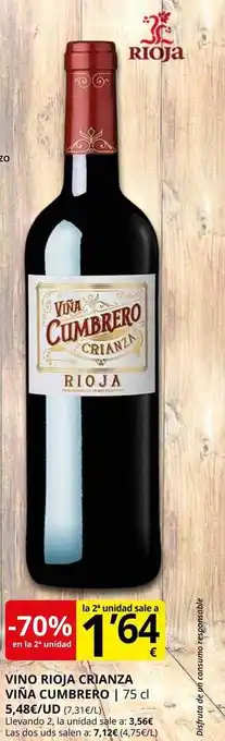 Supermercados MAS -70% en la 2a unidad vino rioja crianza viña cumbrero oferta