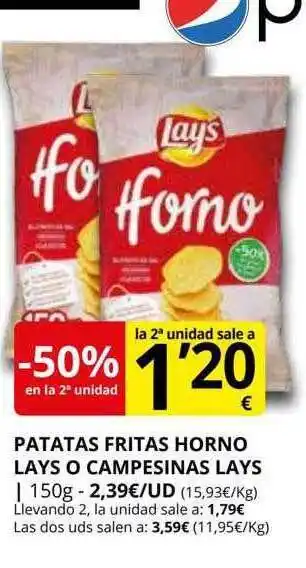 Supermercados MAS -50% en la 2a unidad patatas fritas horno lays o campesinas lays oferta