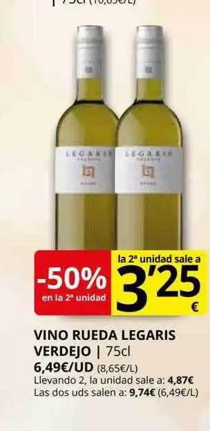 Supermercados MAS -50% en la 2a unidad vino rueda legaris verdejo oferta