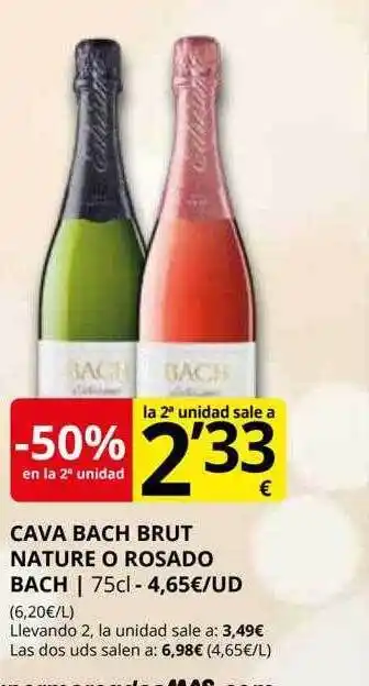 Supermercados MAS -50% en la 2a unidad cava bach brut nature o rosado bach oferta