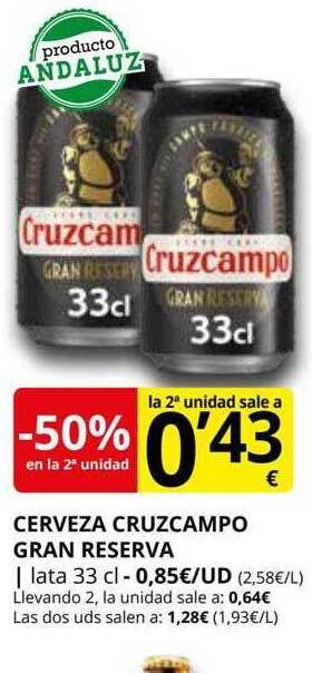 Supermercados MAS -50% en la 2a unidad cerveza cruzcampo gran reserva oferta