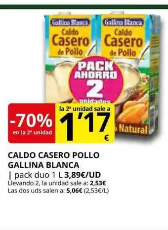 Supermercados MAS -70% en la 2a unidad caldo casero pollo gallina blanca oferta