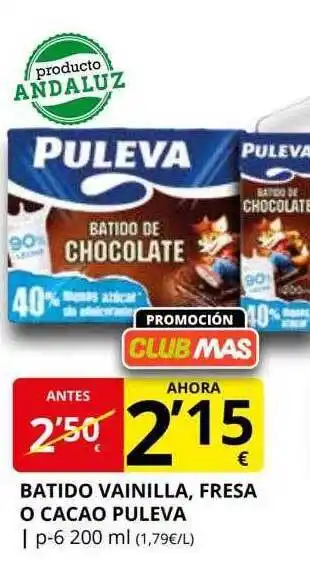 Supermercados MAS Batido vainilla, fresa o cacao puleva oferta