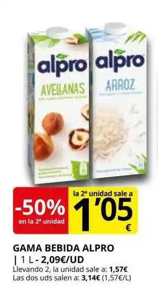 Supermercados MAS -50% en la 2a unidad gama bebida alpro oferta