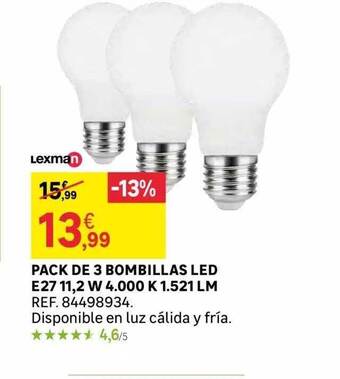 Leroy Merlin Pack de 3 bombillas led e27 11.2w 4.000 k 1.521 lm oferta