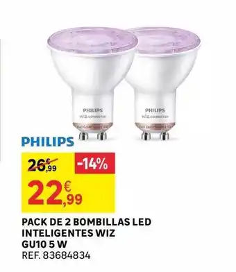Leroy Merlin Philips pack de 2 bombillas led inteligentes wiz gu10 5w oferta