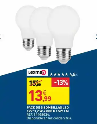 Leroy Merlin Pack de 3 bombillas led e27 11.2w 4.000 k 1.521 lm oferta