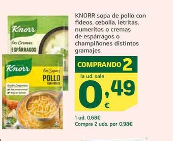 HiperDino Knorr sopa de pollo con fideos cebolla letritas numeritos o cremas de espárragos o champiñones distintos gramajes oferta
