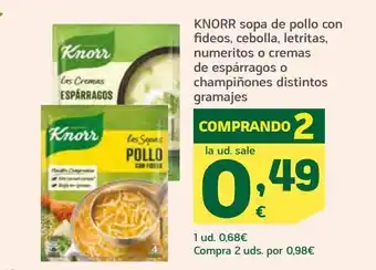 HiperDino Knorr sopa de pollo con fideos, cebolla, letritas, numeritos o cremas de espárragos o champiñones distintos gramajes oferta