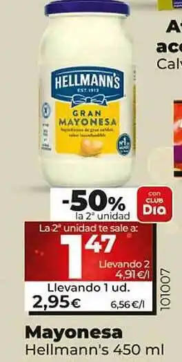 Dia -50% la 2a unidad mayonesa hellmann's oferta