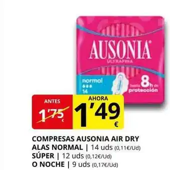 Supermercados MAS Compresas ausonia air dry alas normal súper o noche oferta