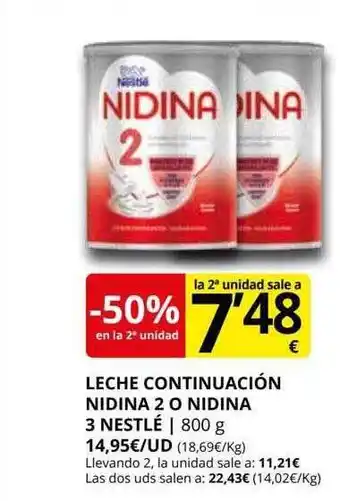 Supermercados MAS -50% en la 2a unidad leche continuación nidina 2 o nidina 3 nestlé oferta