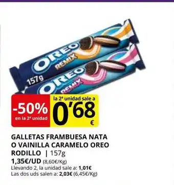 Supermercados MAS -50% en la 2a unidad galletas frambuesa nata o vainilla caramelo oreo rodillo oferta