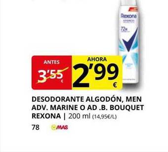 Supermercados MAS Desodorante algodón, men adv. marine o ad. b. bouquet rexona oferta