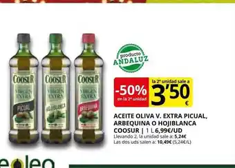 Supermercados MAS -50% en la 2a unidad aceite oliva v. extra picual arbequina o hojiblanca coosur oferta