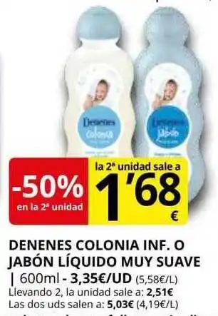 Supermercados MAS -50% en la 2a unidad danenes colonia inf. o jabón líquido muy suave oferta