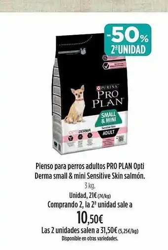 El Corte Inglés -50% 2a unidad pienso para perros adultos pro plan opti derma small & mini sensitive skin salmón oferta