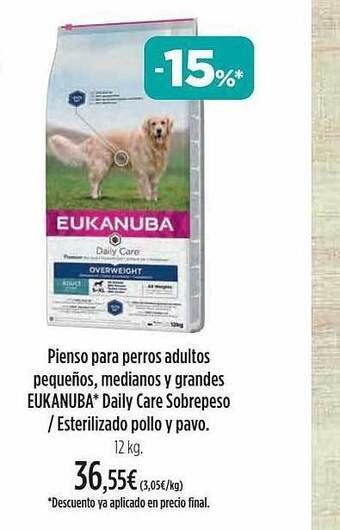 El Corte Inglés Pienso para perros adultos pequeños, medianos y grandes eukanuba daily care sobrepeso esterilizado pollo y pavo oferta
