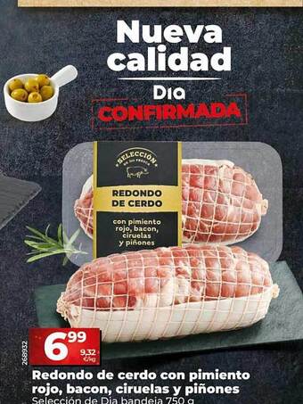 Redondo de cerdo con pimiento rojo, bacon, ciruelas y piñones