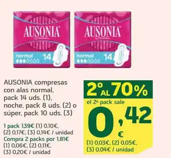 HiperDino Ausonia compresas con alas normal pack 14 noche pack 8 súper pack 10 oferta