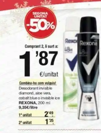 SPAR Fragadis Segona unitat -50% desodorant invisible diamond, aloe vera, cobalt blue o invisible ice rexona oferta