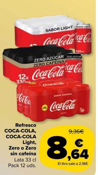 Carrefour Market Refresco coca-cola coca-cola light zero o zero sin cafeína lata pack 12 oferta