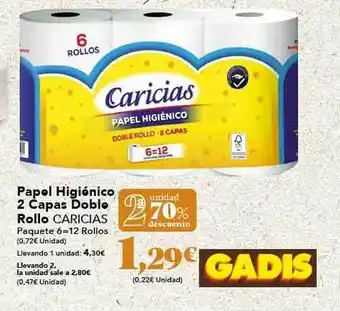 Gadis 2a unidad 70% descuento papel higiénico 2 capas doble rollo caricias oferta