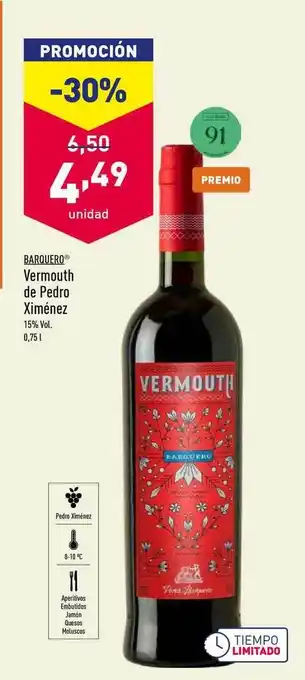 ALDI Barquero Vermouth De Pedro Ximénez 0,75L oferta