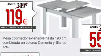 Atrapamuebles Mesa copmedor extensible hasta 190cm, combinado en colores Cemento y Blanco Artik oferta