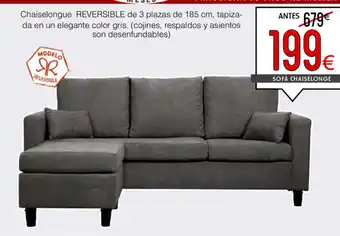 Atrapamuebles Chaiselongue Reversible de 3 plazas de 185cm, tapizada en elegante color gris oferta