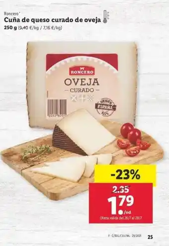 Lidl Roncero Cuña De Queso Curado De Oveja 250g oferta