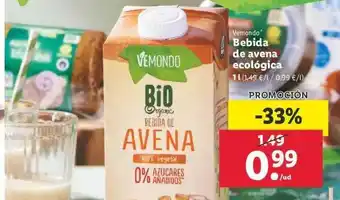Lidl Vemondo Bebida De Avena Ecológica 1L oferta