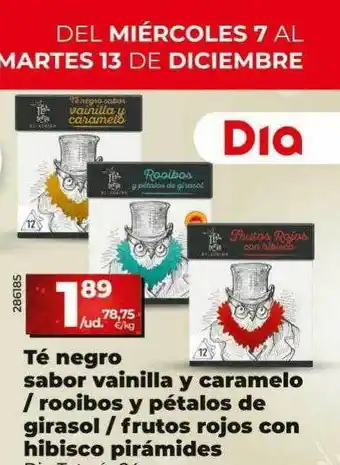 Dia Té negro sabor vainilla y caramelo rooibos y pétalos de girasol frutos rojos con hibisco pirámides oferta