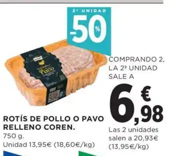 Hipercor Rotís de Pollo o Pavo Relleno Coren oferta