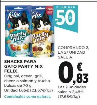 El Corte Inglés 2a Unidad -50% Snacks Para Gato Party Mix Felix 70g oferta