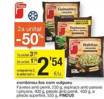 BonpreuEsclat 2a unitat -50% favetes amb pernil espinacs amb panses i pinyons pèsols amb pernil o pèsols superfins findus oferta